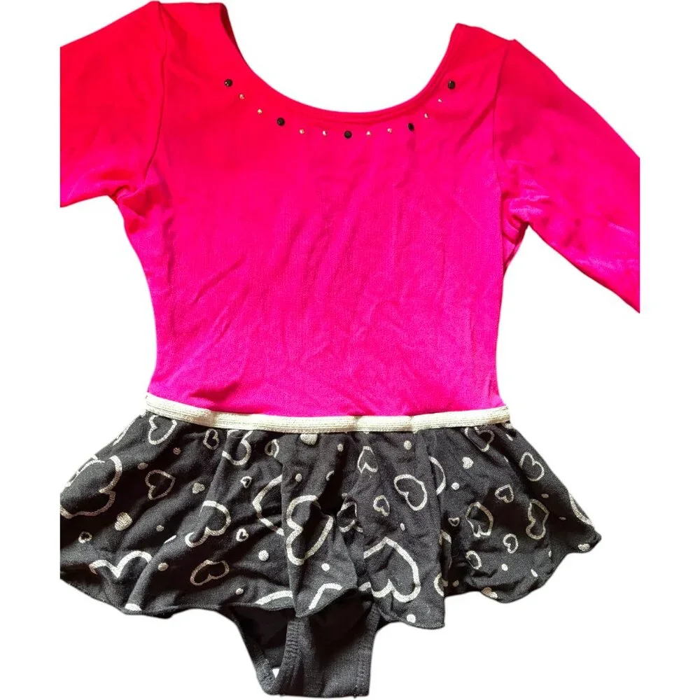 Jacques Moret girl skirted leotard pink black long sleeve gymnastic dance XS 4-5
